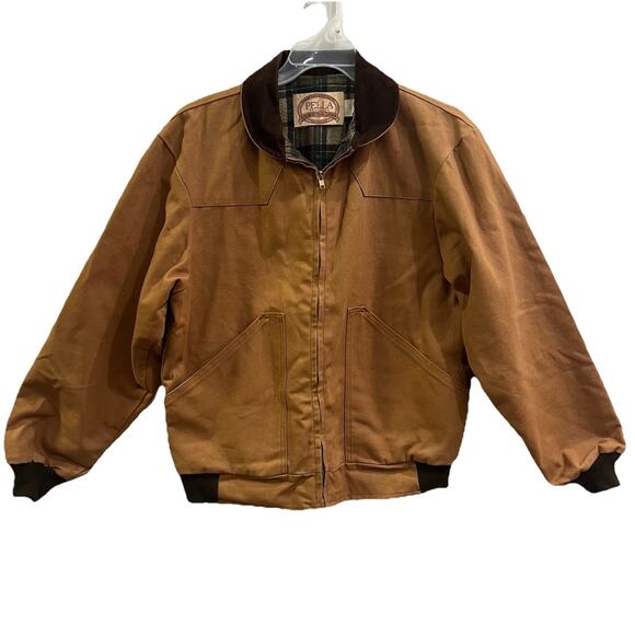 VTG Pella Plaid Flannel Lined Canvas w Courdory Collar Barn Chore Jacket Men Med - Picture 1 of 10